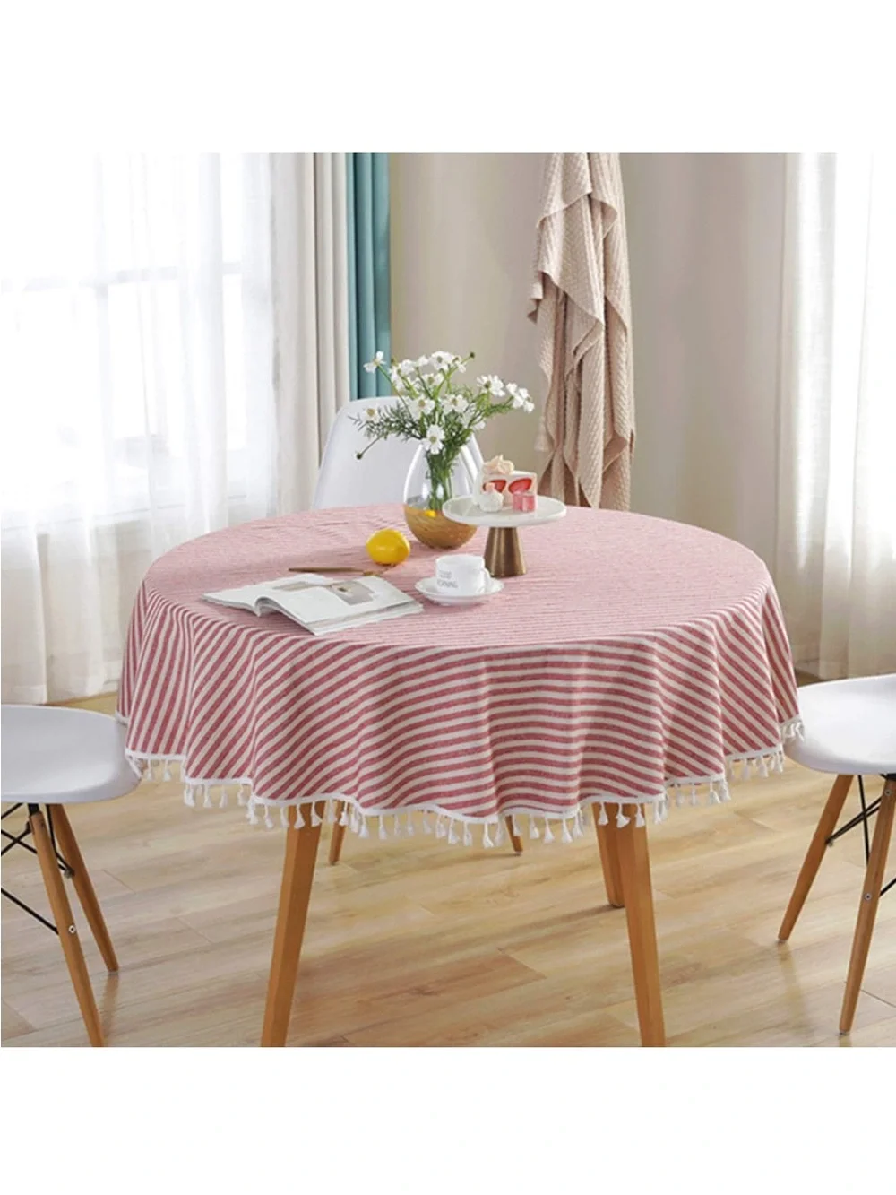 NEW meioro Round Tablecloth Stripe Tassel TableCloth. Cotton Blend w/ tassels